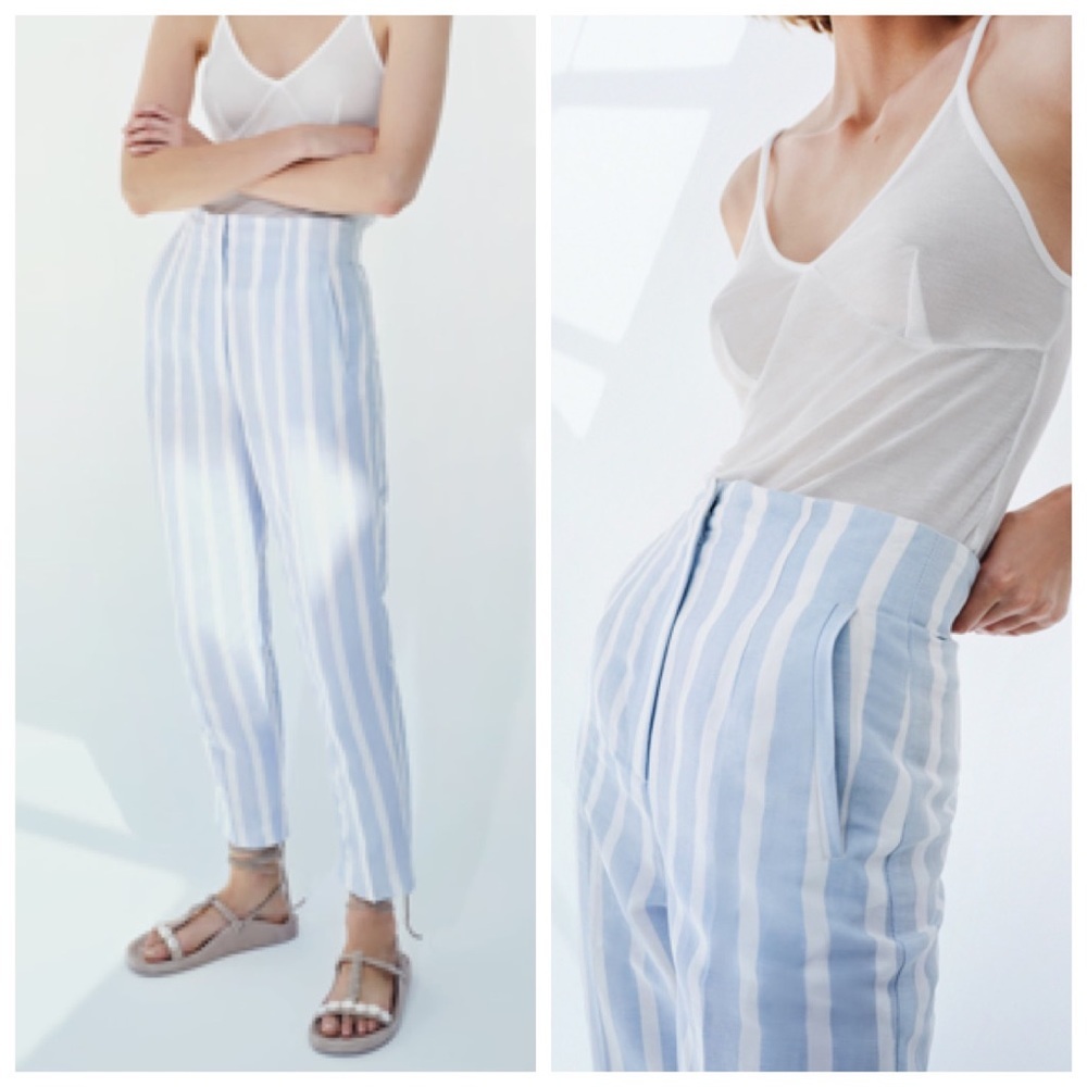 Zara Blue White Striped Linen Blend High Rise Cropped Trousers Women’s Size XS